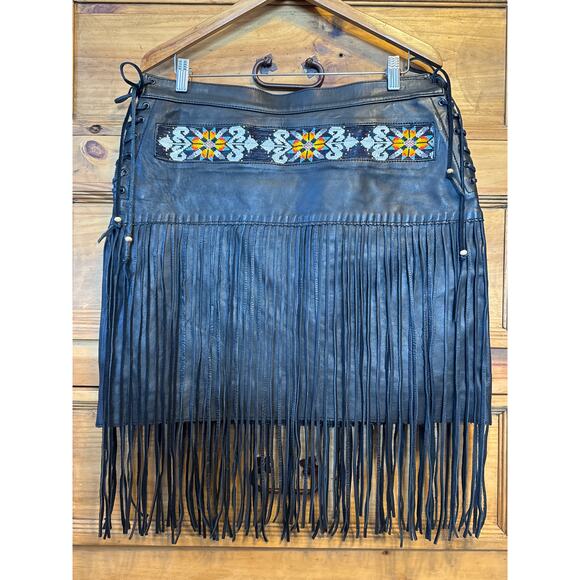Kobler Lacota Skirt Black Leather Beaded Fringe XL